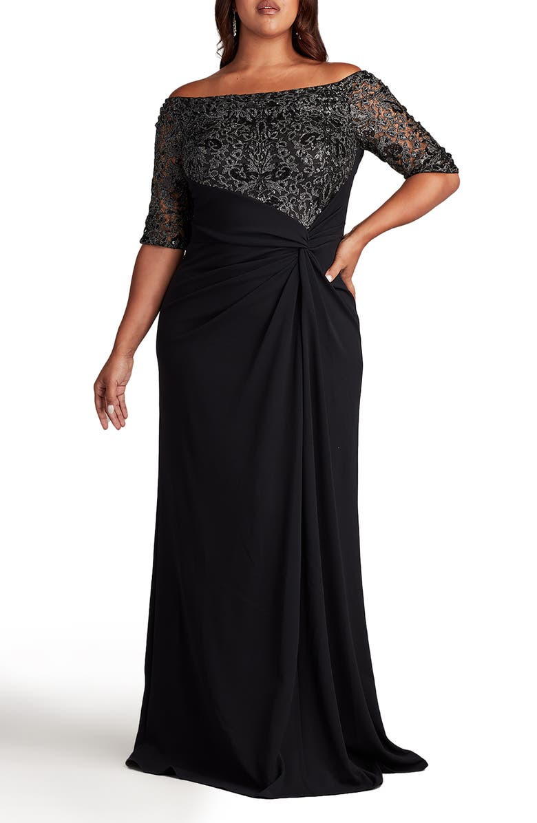 Tadashi Shoji Sequin Bodice Mixed Media Off the Shoulder Gown, Alternate, color,