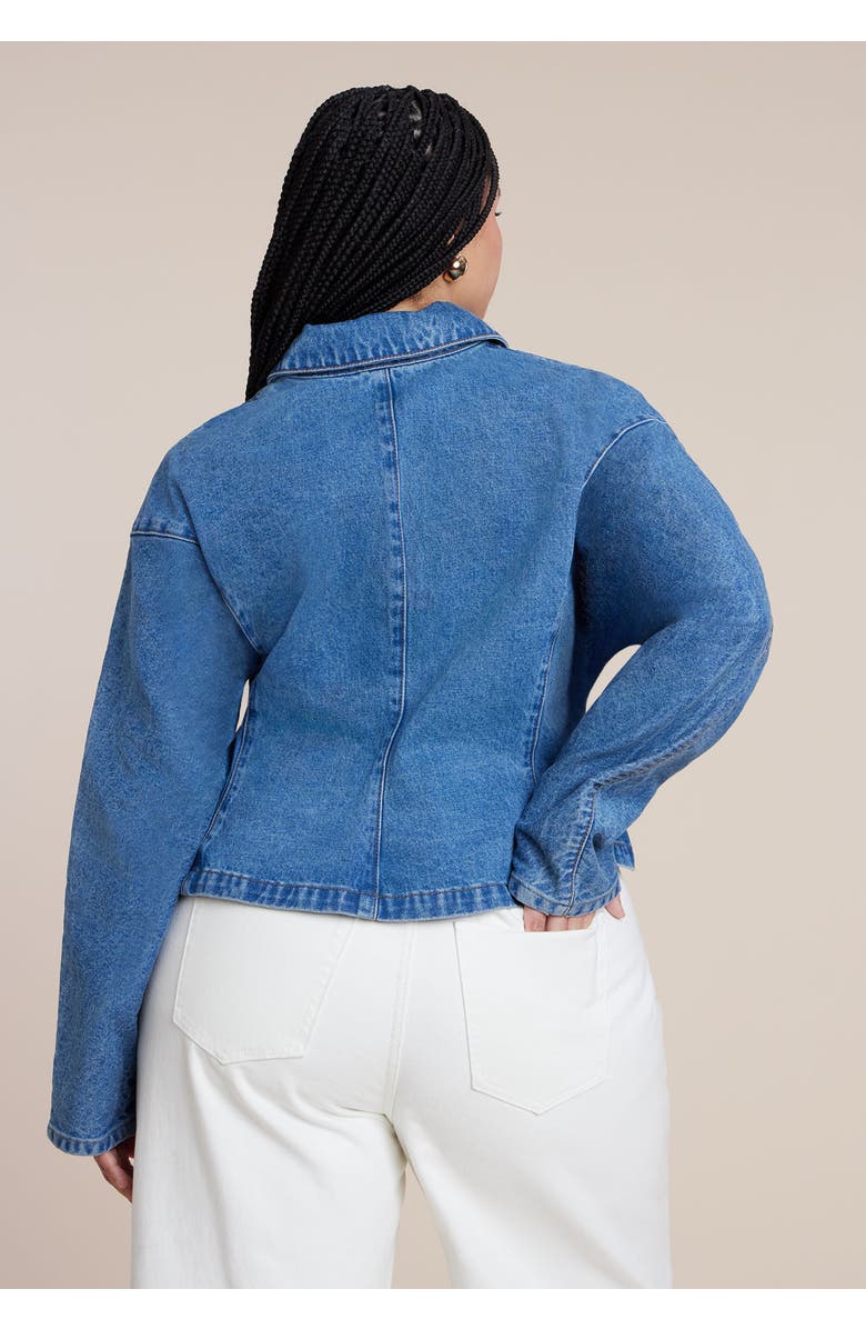 ELOQUII Lace Up Denim Jacket, Alternate, color, Medium Wash