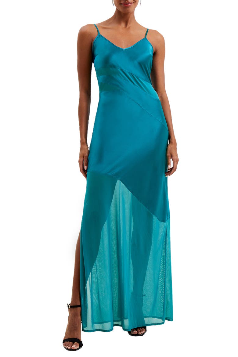 Inu Satin & Mesh Slipdress, Main, color, OCEAN DEPTHS