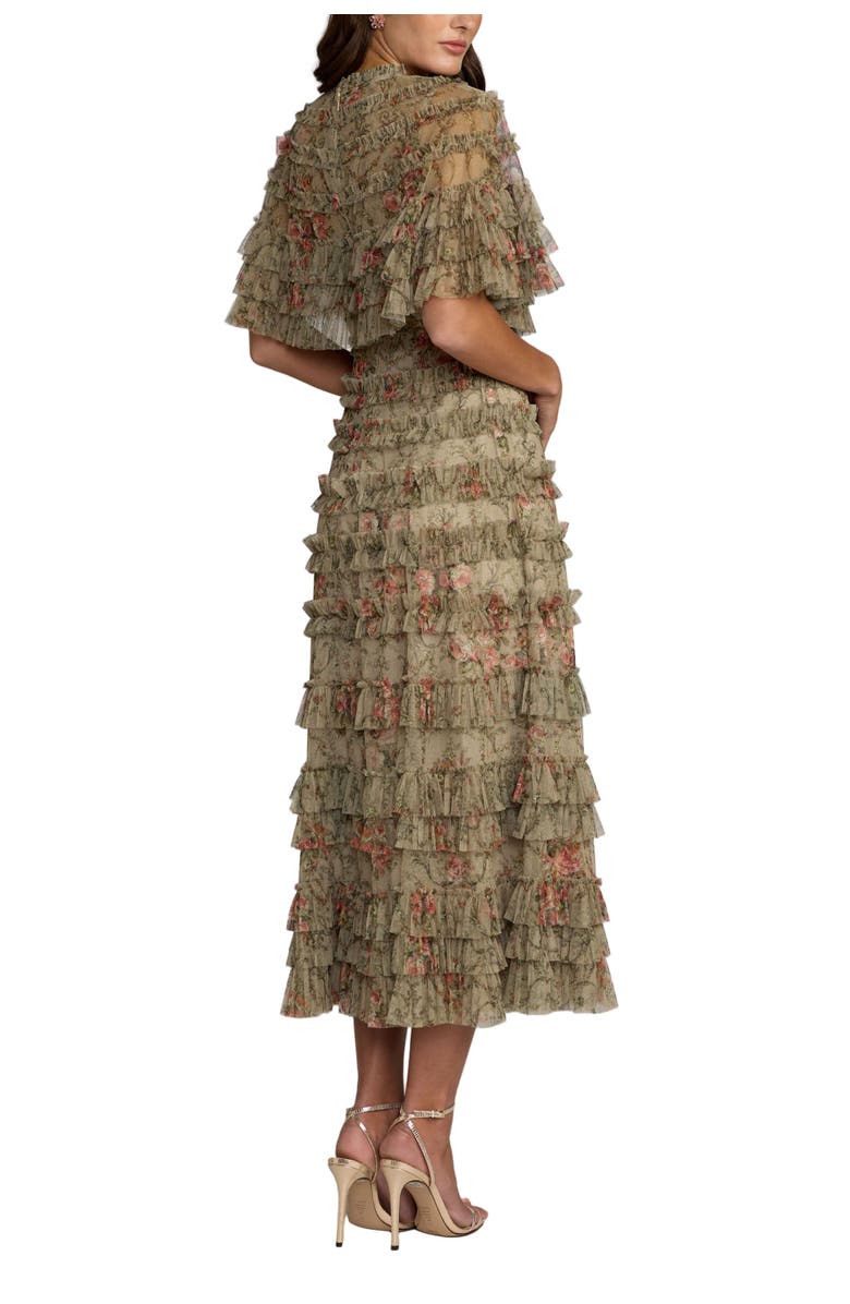 Mac Duggal Floral Mesh Ruffle Midi Dress, Alternate, color, Olive