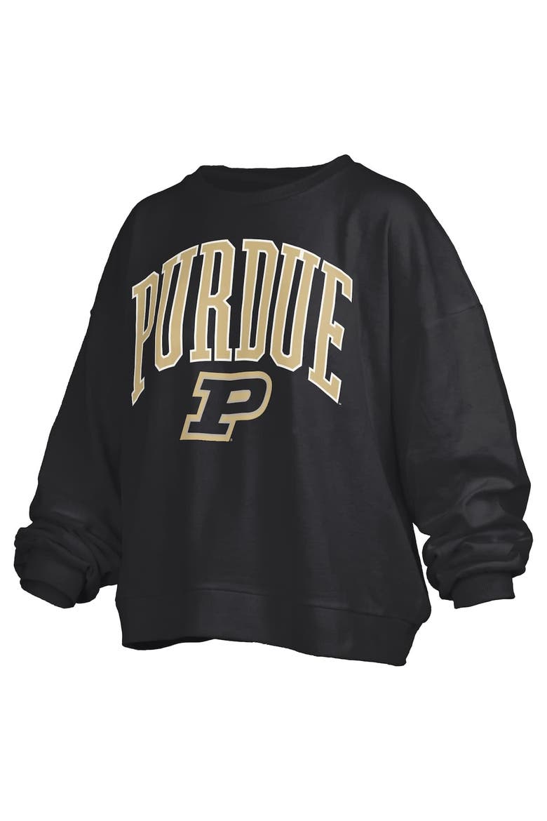 Women's Pressbox Black Purdue Boilermakers Janise Arch Over Logo Waist Length Oversized Pullover Sweatshirt, Alternate, color, Black