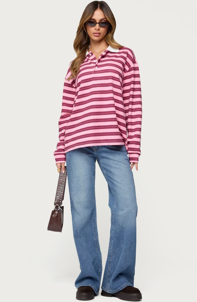 EDIKTED Maureen Stripe Polo Sweatshirt, Alternate, color, Pink