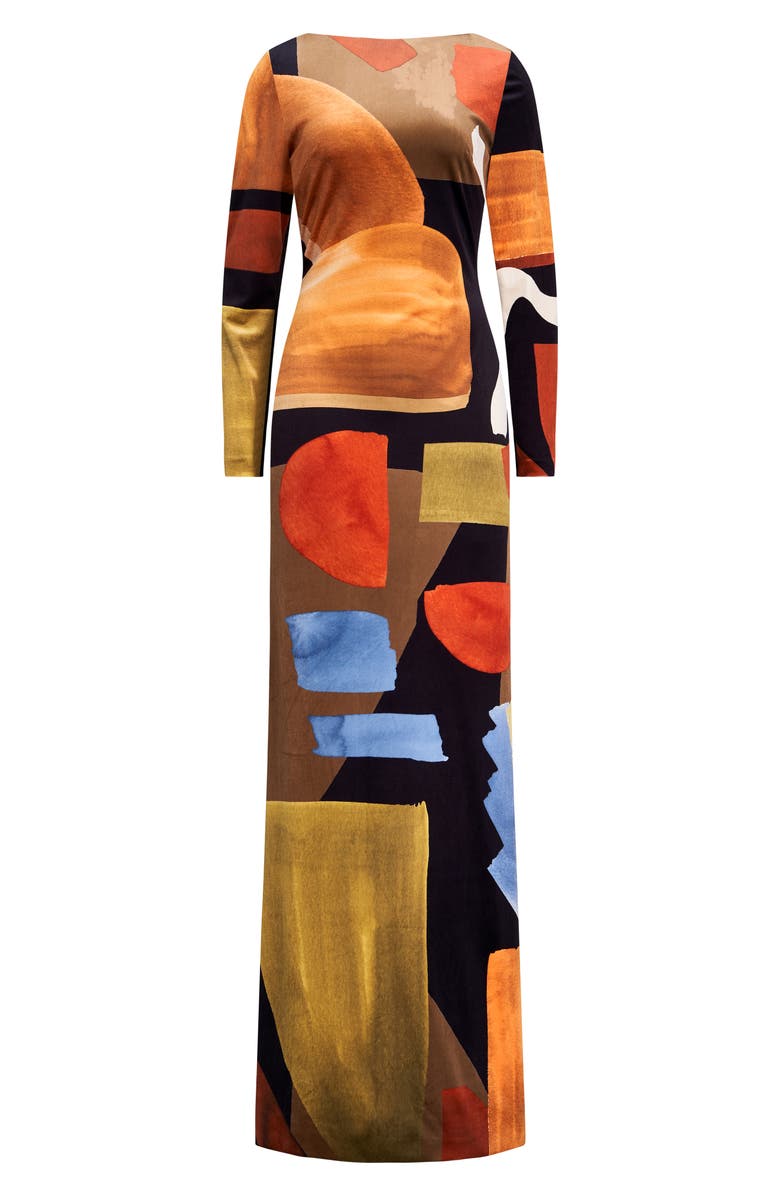 HALSTON Rekha Geo Print Long Sleeve Velvet Gown, Alternate, color,