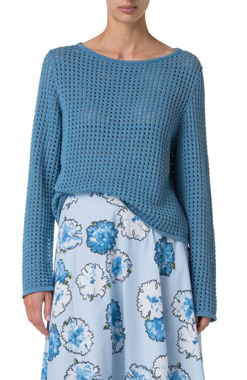 Akris Punto Chunky Cotton Mesh Boatneck Sweater In Medium Blue