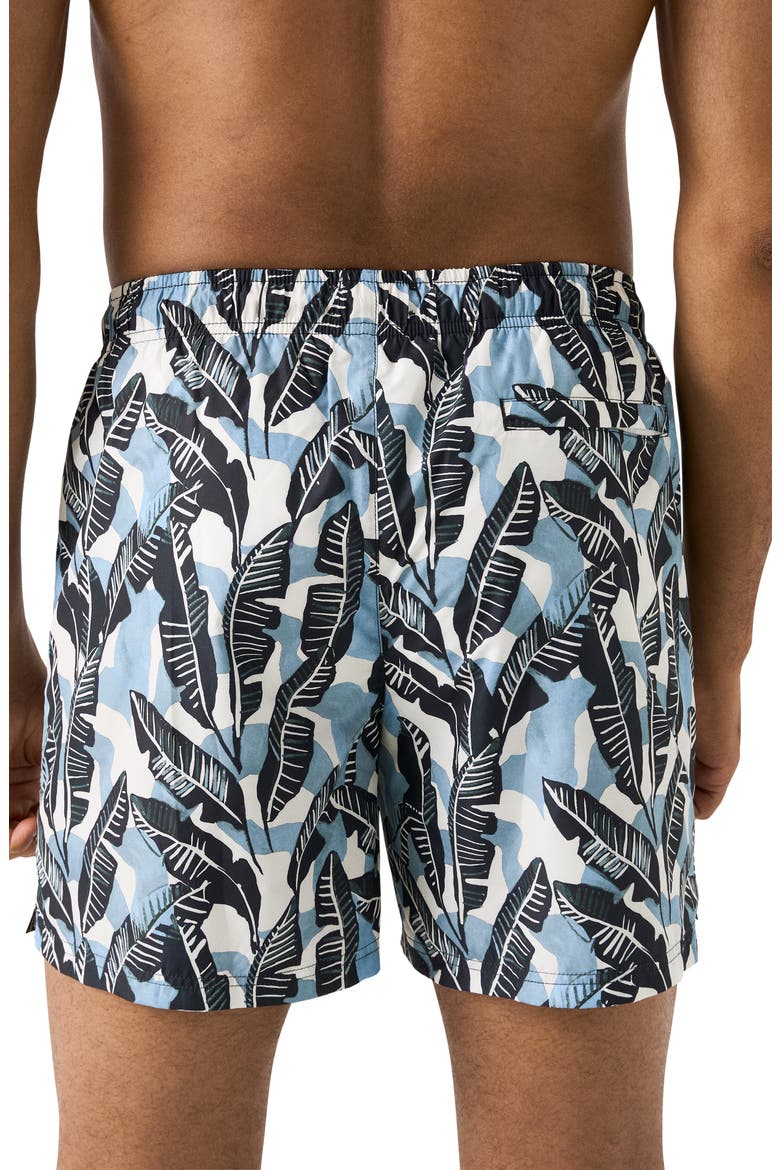 Tropical Leaf Print Swim Trunks, Alternate, color, BLACK