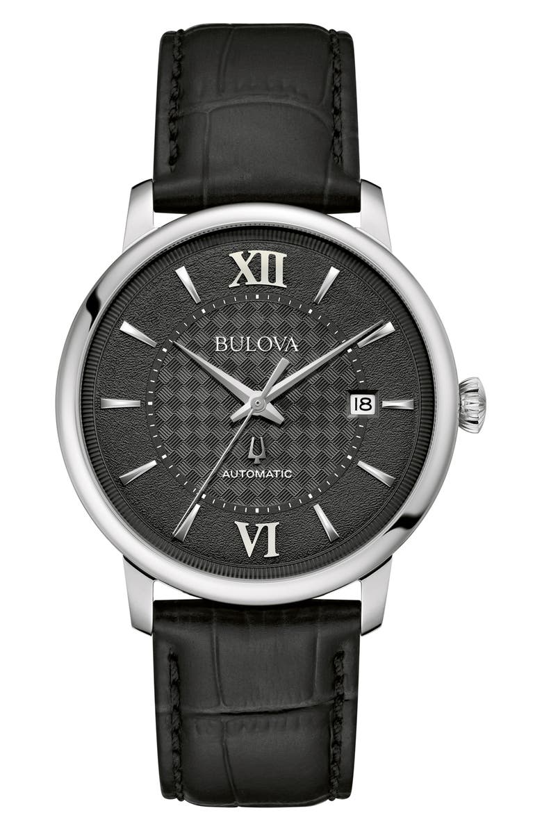 BULOVA Hudson Leather Strap Watch, 39mm, Main, color, Silver-Tone