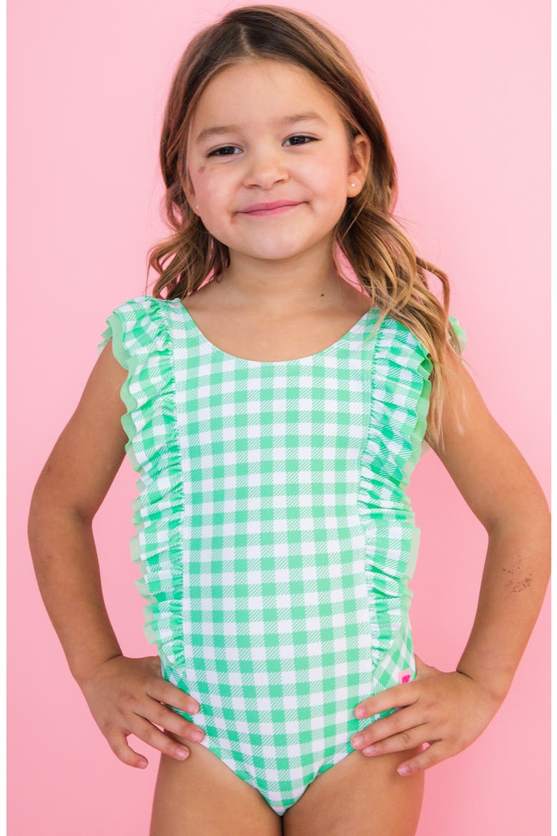 Kids' Periwinkle Blue Gingham One-Piece Swimsuit, Alternate, color, GREEN