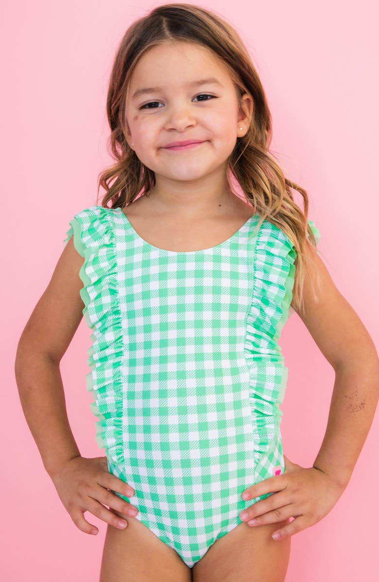 RuffleButts Kids' Periwinkle Blue Gingham One-Piece Swimsuit, Alternate, color, Green