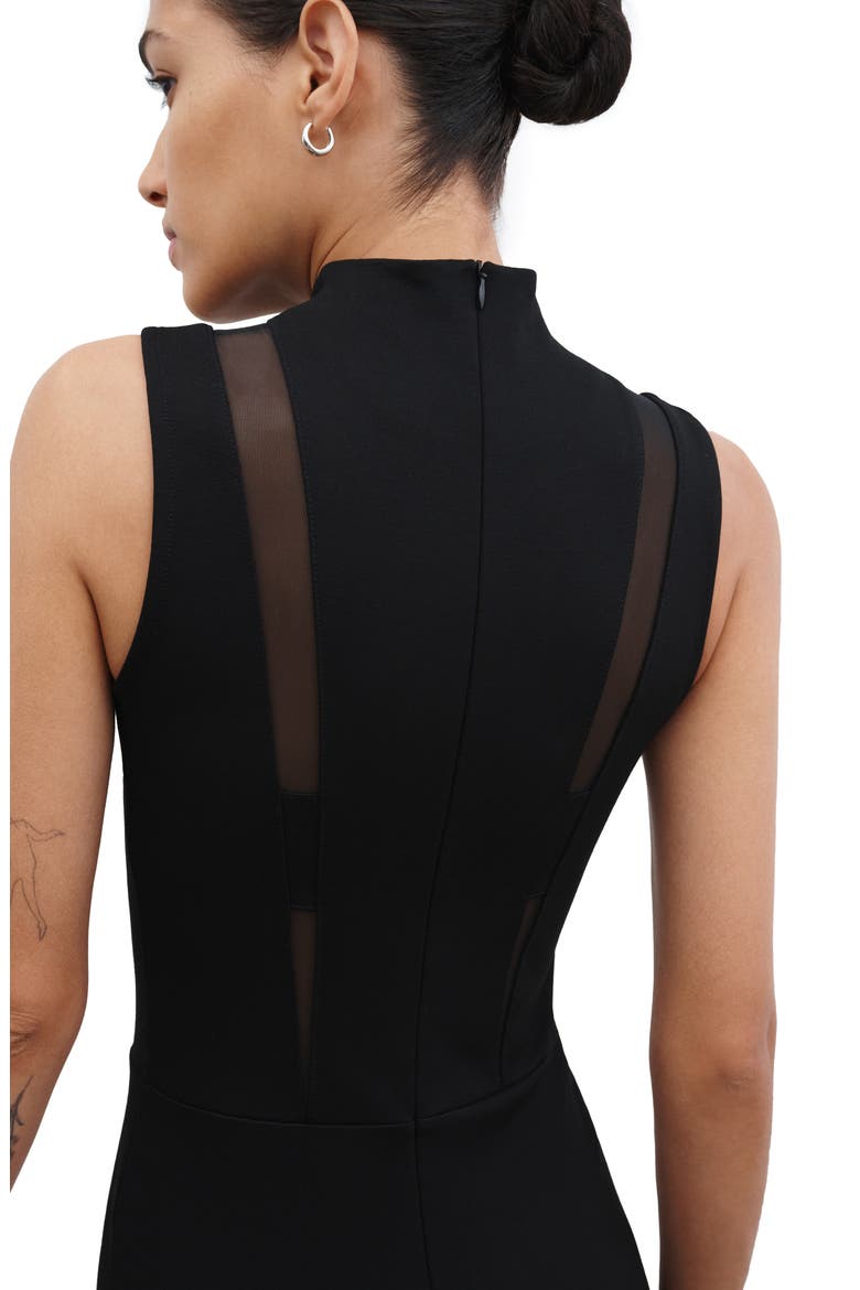 Amelia Ponte & Mesh Funnel Neck Midi Dress, Alternate, color, BLACK