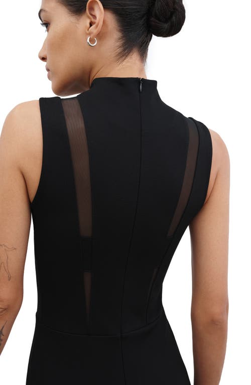 Marcella Amelia Ponte & Mesh Funnel Neck Midi Dress In Black