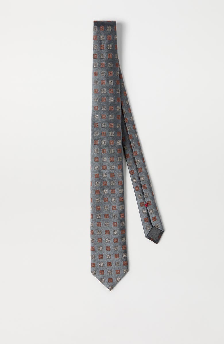 Brunello Cucinelli Silk tie with squares pattern, Alternate, color, Grey