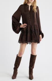 Bardot Antonia Lace Trim Long Sleeve Satin Minidress