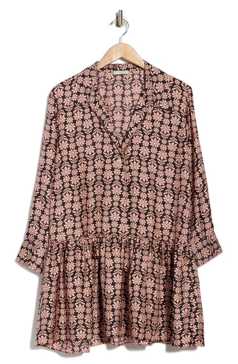 SANDRO Floral Silk Long Sleeve Shirtdress, Alternate, color, Noir / Rose