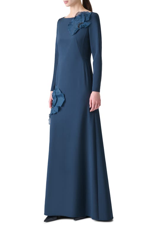Akris Organza Anemone Corsage Long-sleeve Crepe Gown In Blue