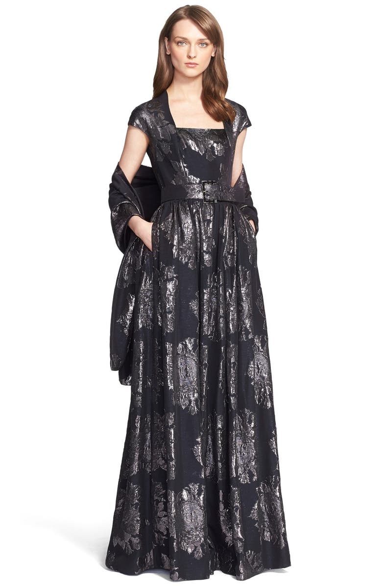 St. John Collection Metallic Rose Jacquard Gown, Alternate, color, 