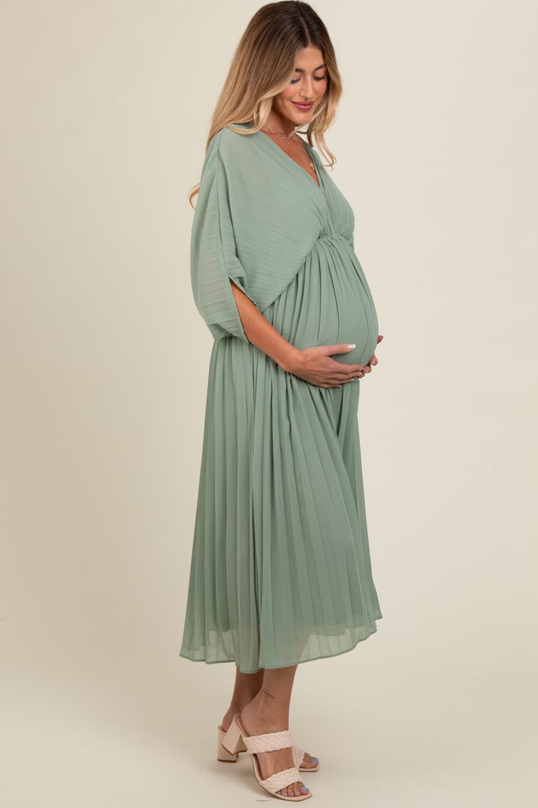 Pleated V Neck Maxi Dress, Alternate, color, Light Olive