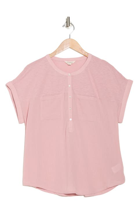 Mixed Media Short Sleeve Cotton Henley Top