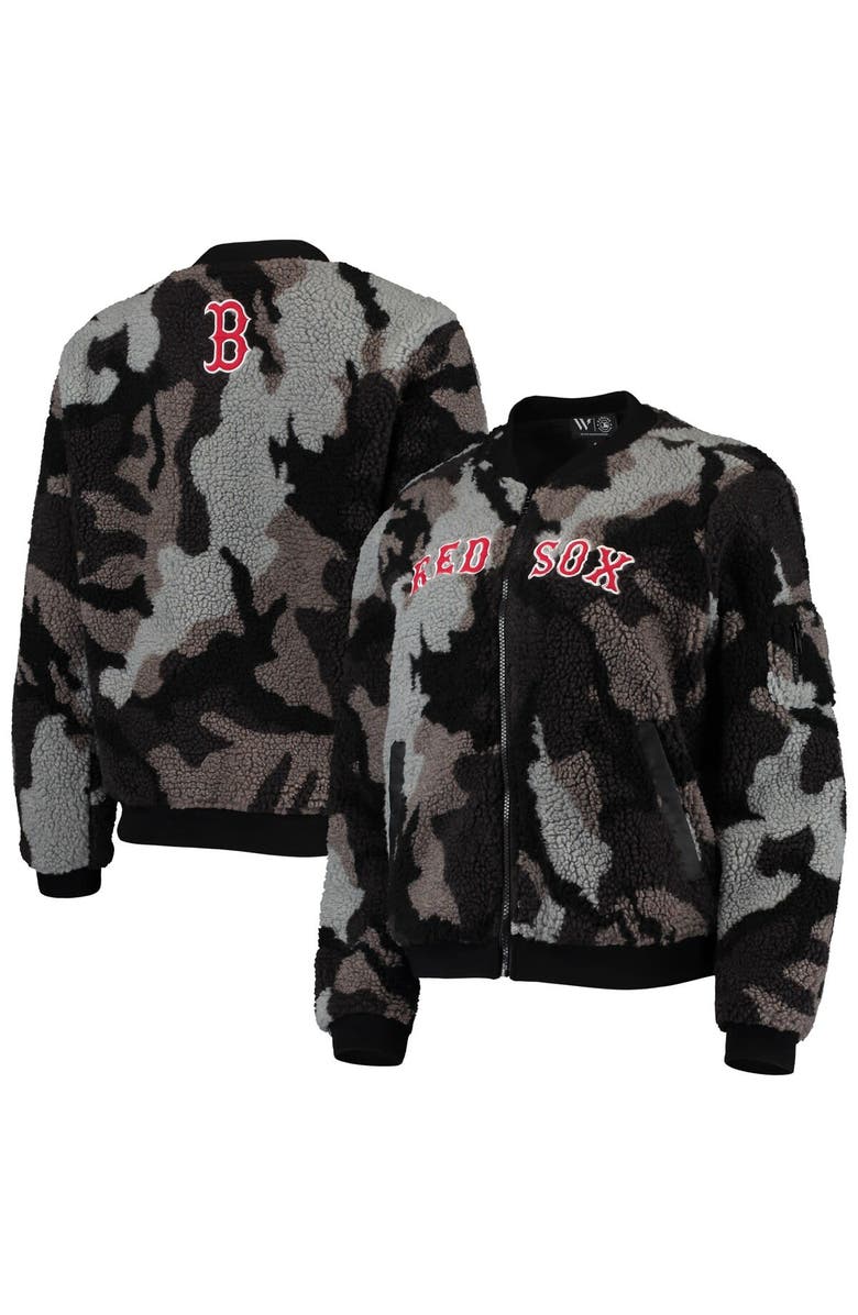THE WILD COLLECTIVE Women's The Wild Collective Black Boston Red Sox Camo Sherpa Full-Zip Bomber Jacket, Main, color, Black
