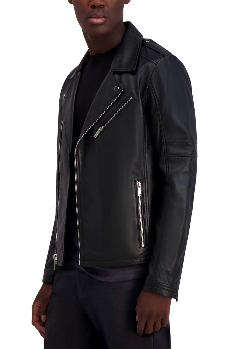 KARL LAGERFELD PARIS Leather Moto Jacket, Alternate, color, Black