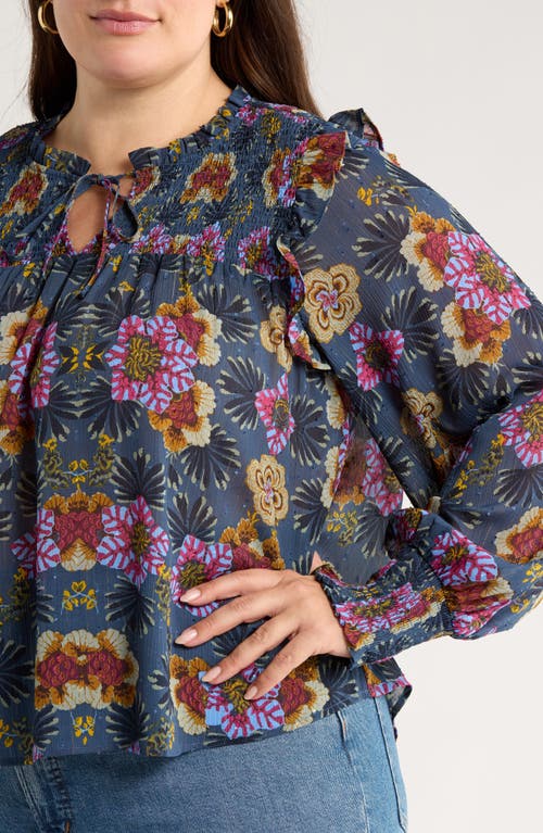Treasure & Bond Floral Smocked Yoke Popover Top In Blue