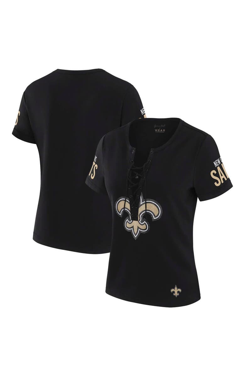 WEAR by Erin Andrews Women's WEAR by Erin Andrews x Gracie Hunt Black New Orleans Saints Draft Me Lace-Up T-Shirt, Main, color, 