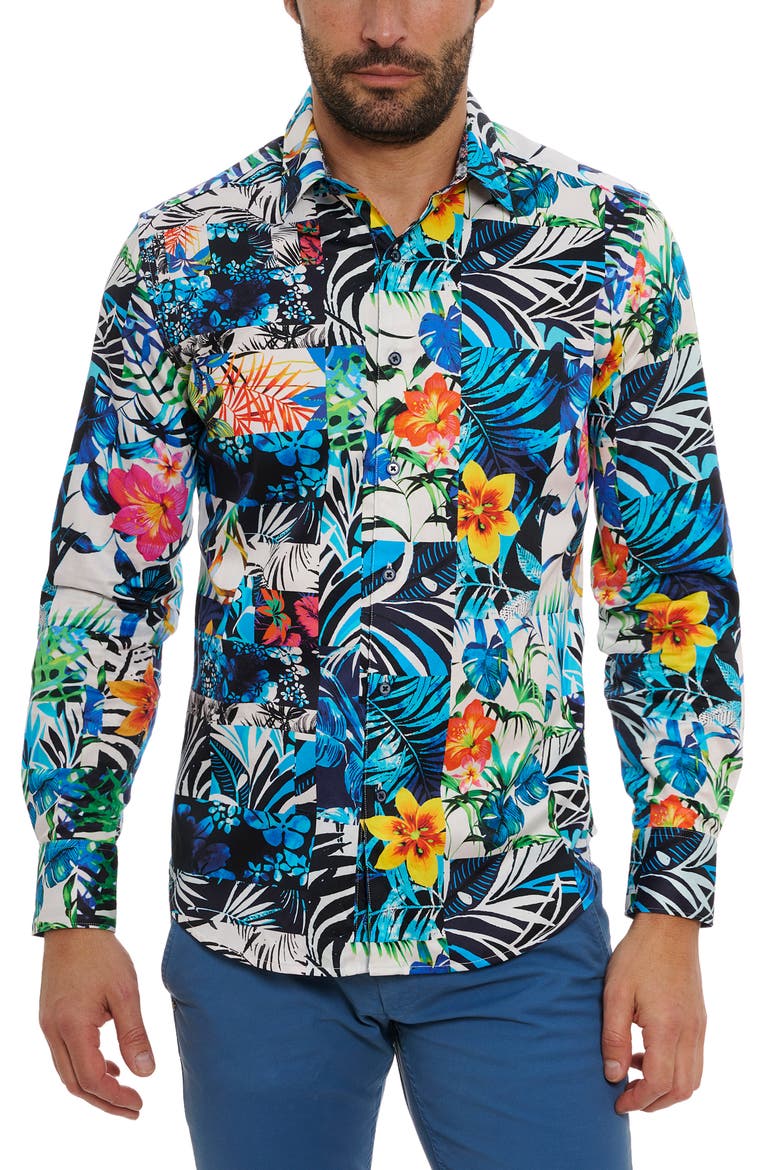 Tahiti Floral Stretch Cotton Button-Up Shirt, Main, color, BLUE MULTI