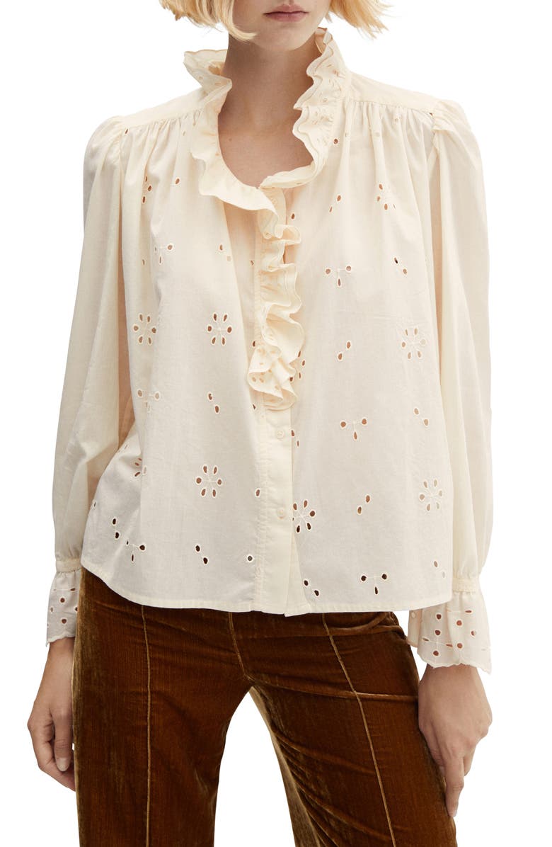 MANGO Eyelet Cotton Ruffle Shirt, Main, color,