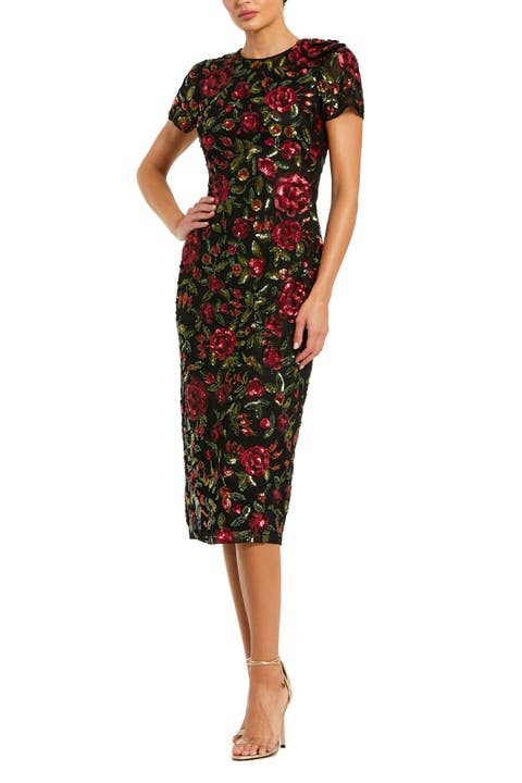 High Neck Floral Embellished Midi Dress
