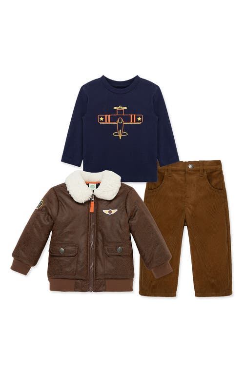 Little Me Faux Leather Bomber Jacket, Graphic T-shirt & Corduroy Pants Set In Brown