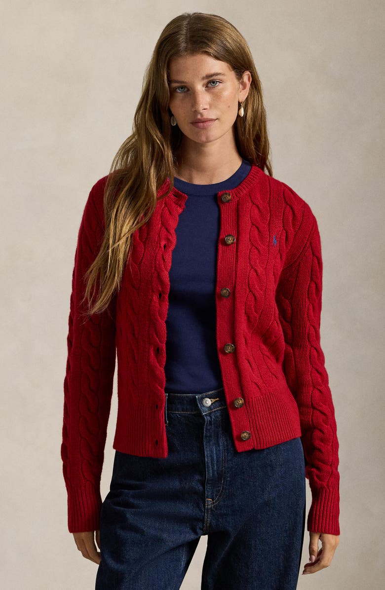 Polo Ralph Lauren Cable Knit Wool & Cashmere Cardigan, Alternate, color, Fireside Red