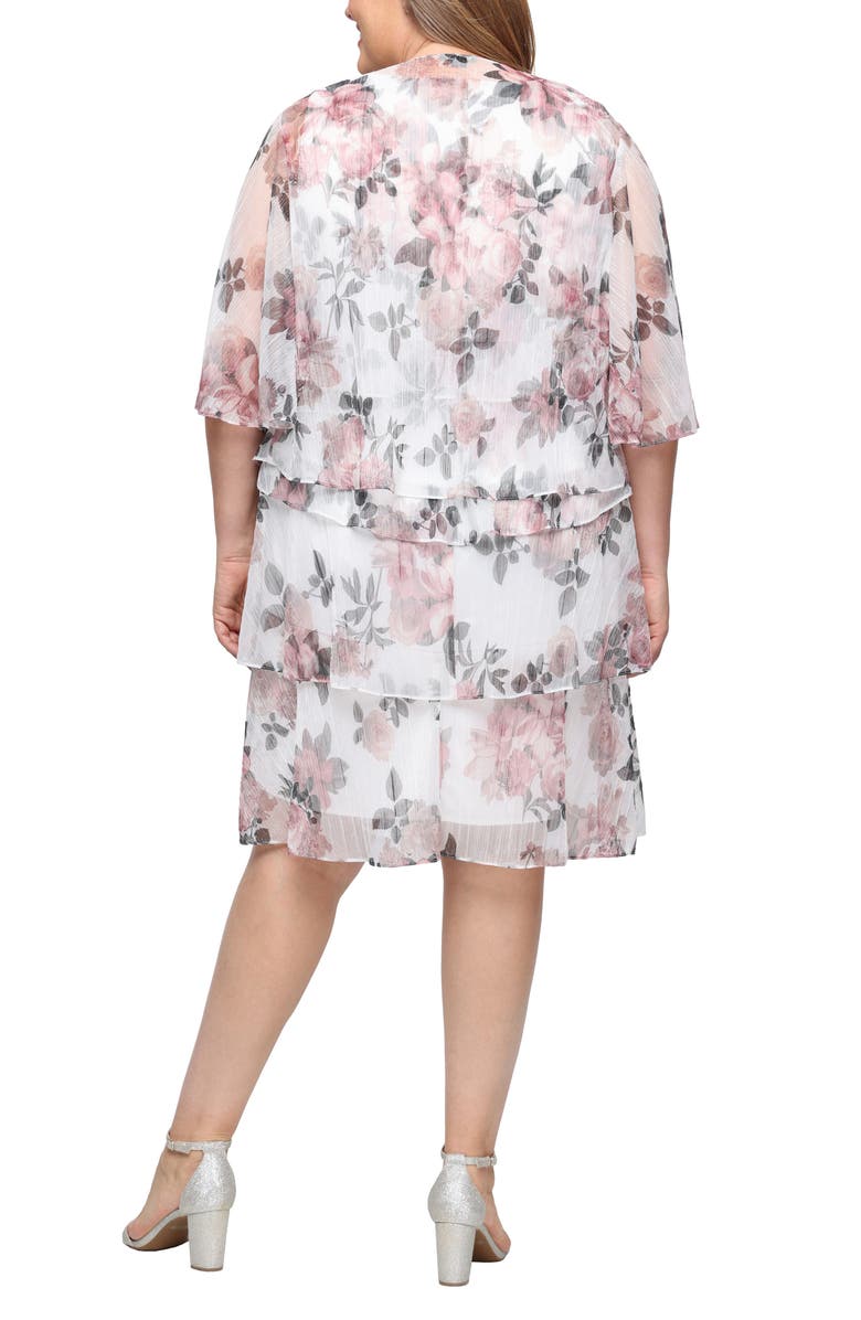 SL FASHIONS Tiered Floral Shimmer Cocktail Dress with Jacket, Alternate, color, Blush Multi