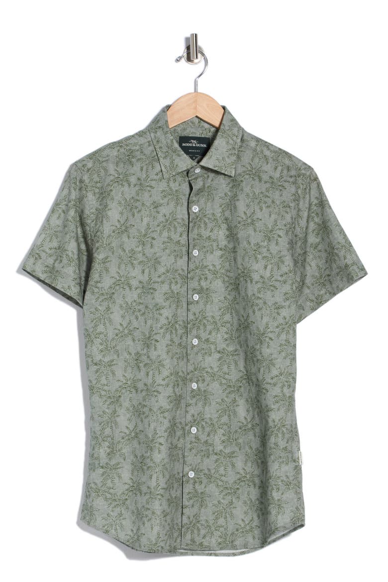 Brooklyn Short Sleeve Cotton & Line Blend Button-Up Shirt, Alternate, color, FERN