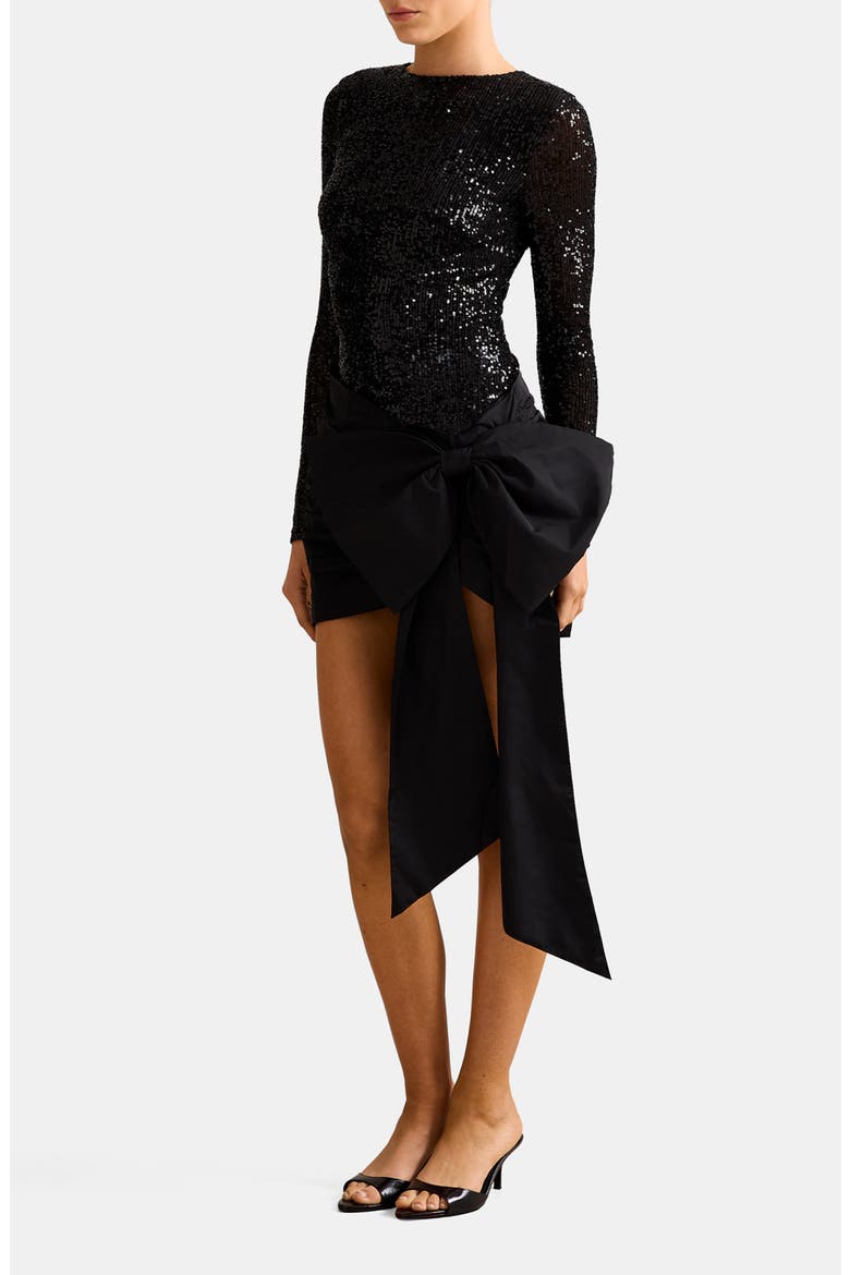 Dolly Sequin Bow Long Sleeve Cocktail Minidress, Alternate, color, BLACK