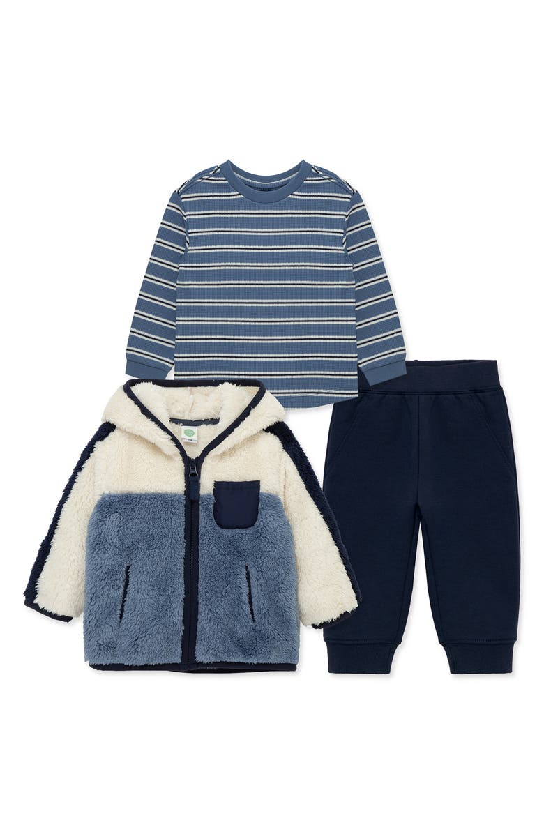 Little Me Colorblock Fleece Jacket, T-Shirt & Joggers Set, Alternate, color, Blue