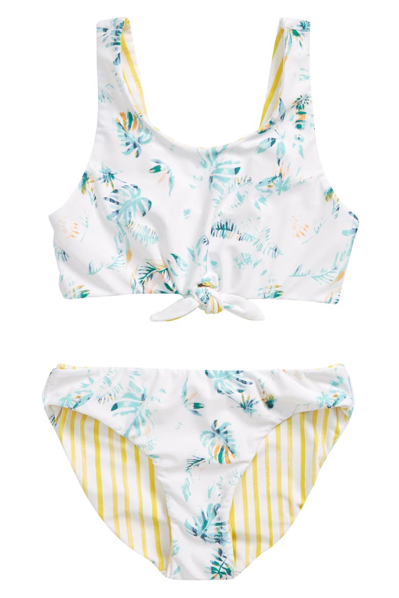 Kids' Tie Front Reversible Bikini, Main, color, WHITE TROPICAL PALMS