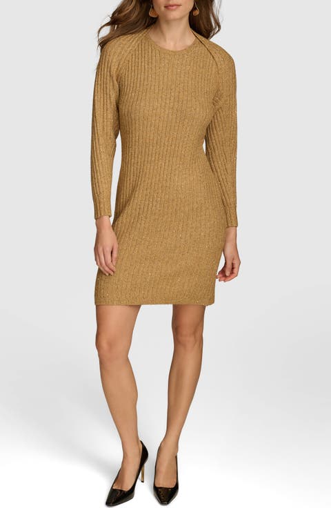 Metallic Long Sleeve Rib Sweater Dress