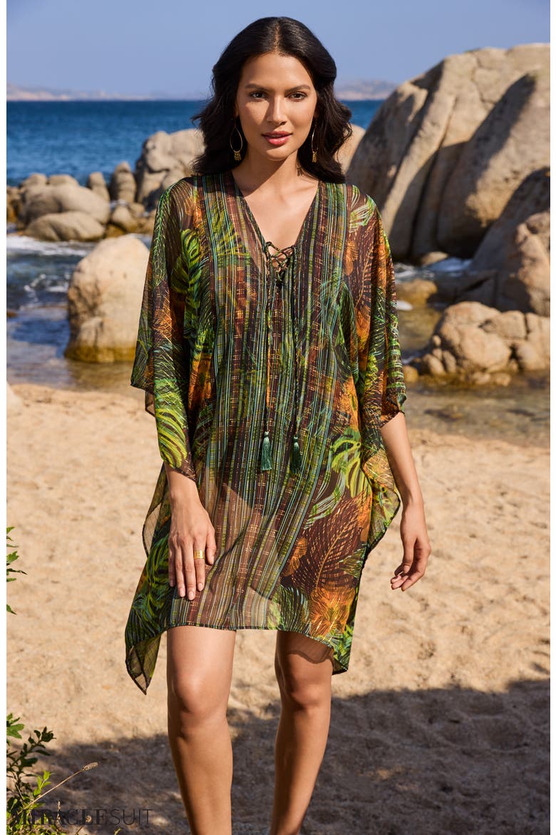 Sunset Islet Metallic Chiffon Cover-Up Caftan, Alternate, color, BLACK/ MULTI
