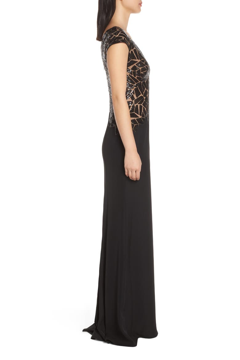 Sequin & Crepe Evening Dress, Alternate, color, BLACK/ NUDE