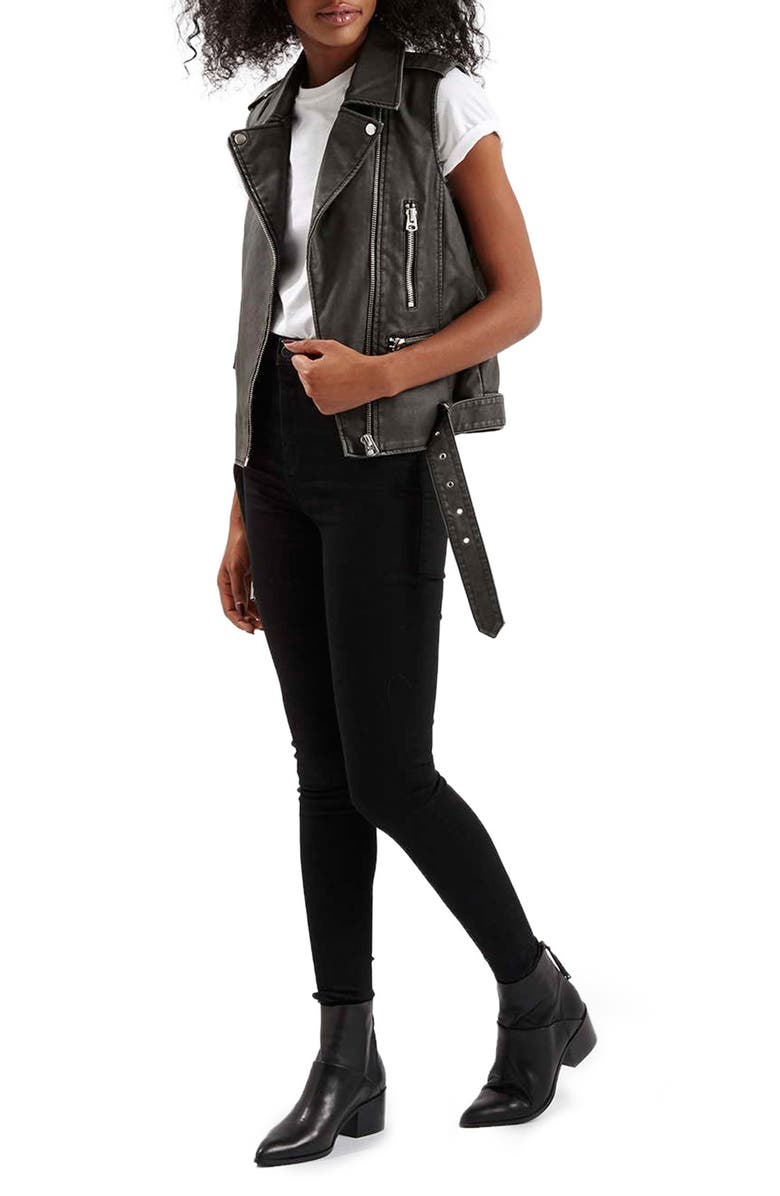 Topshop 'Sylvia' Faux Leather Moto Vest, Alternate, color,