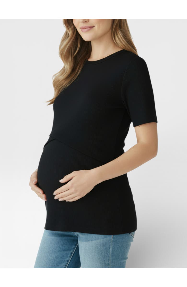 MOTHERHOOD MATERNITY Crew Neck Cross Over Nursing Short Sleeve Top, Alternate, color, Black