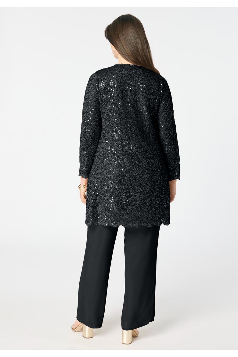 Plus Size 3 Piece Allover Sequin Lace Jacket And Tank Pant Set, Alternate, color, BLACK