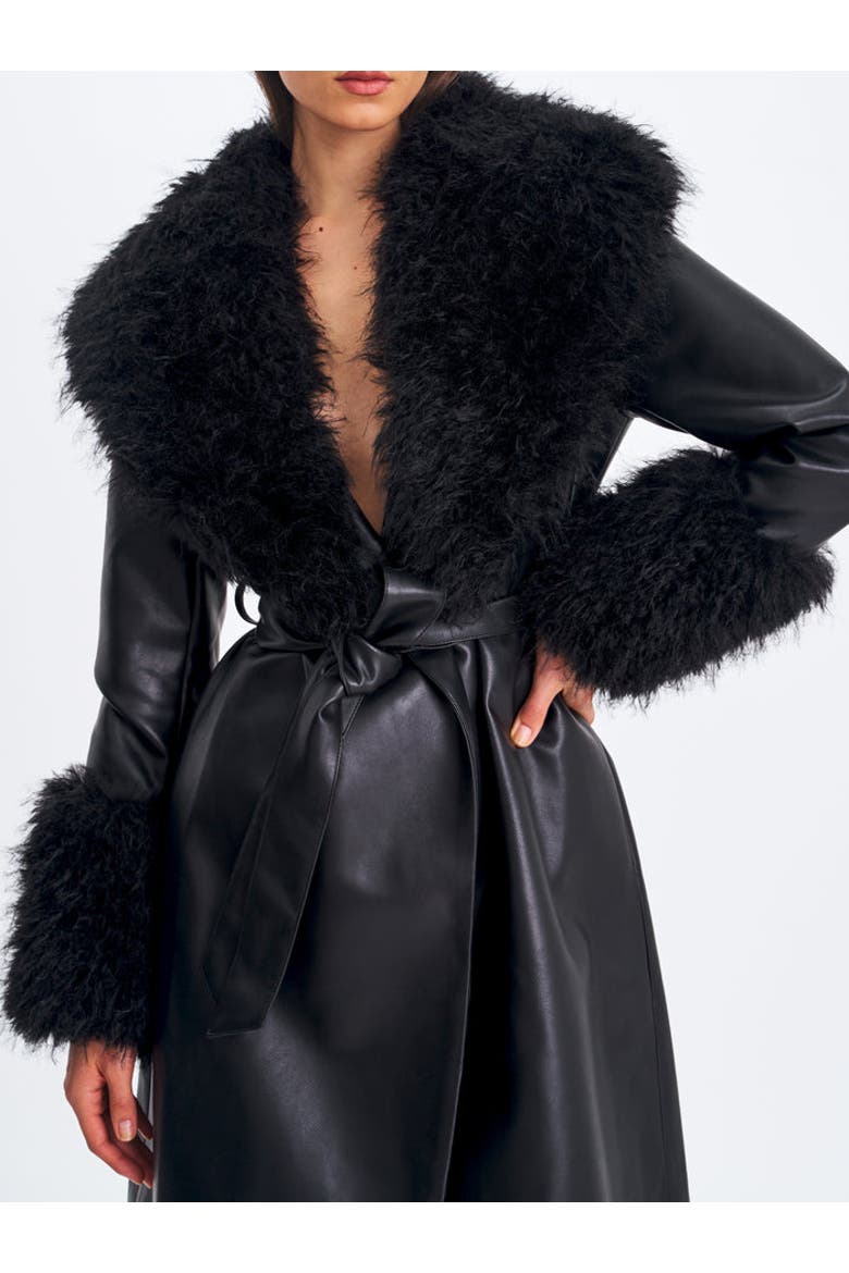 Zariah Faux Fur Trimmed Longline Coat, Alternate, color, Black