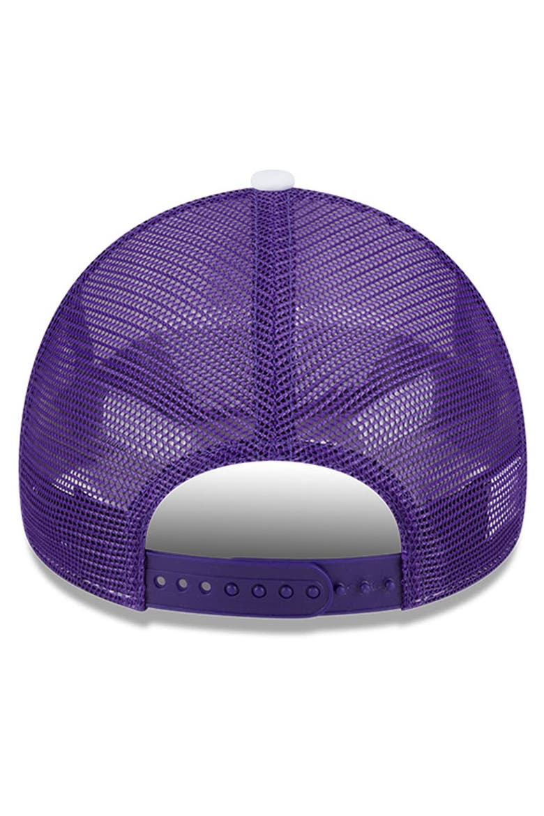 Men's New Era White/Purple Los Angeles Lakers Court Sport Foam A-Frame 9FORTY Adjustable Trucker Hat, Alternate, color, White