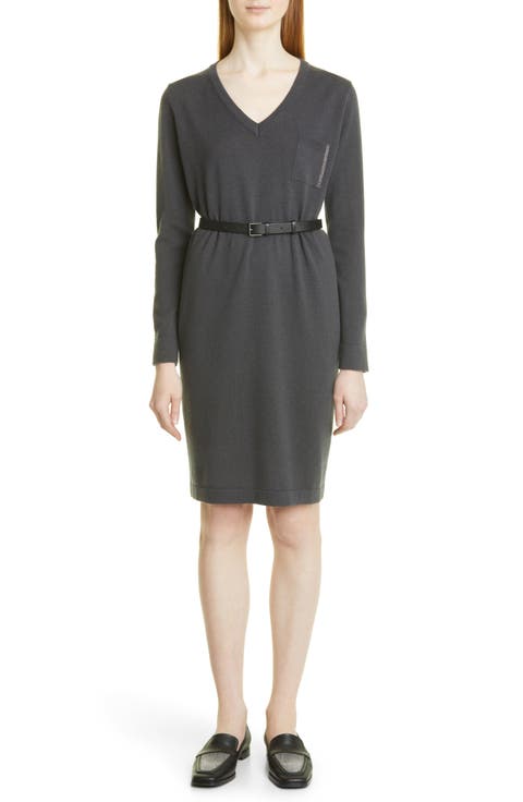Beaded Pocket Belted Wool Blend Long Sleeve Knit Dress