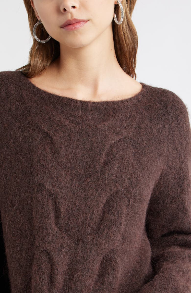 Open Edit Cable Boatneck Sweater, Alternate, color, Brown Seal