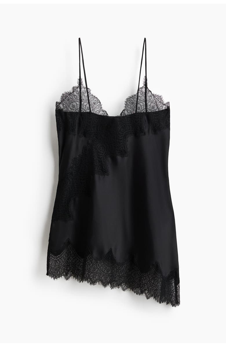 H&M Lace-trimmed Strappy Satin Top, Main, color, Black