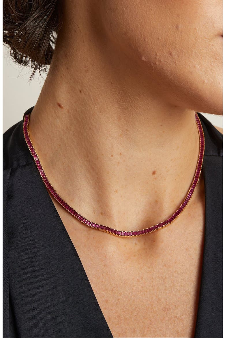 Lab Grown Red Ruby Baguette Tennis Necklace, Alternate, color, Yellow Gold Vermeil