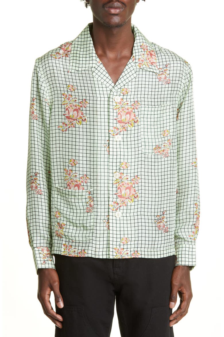 Mint Grid Floral Silk Button-Up Camp Shirt, Main, color, MINT MULTI