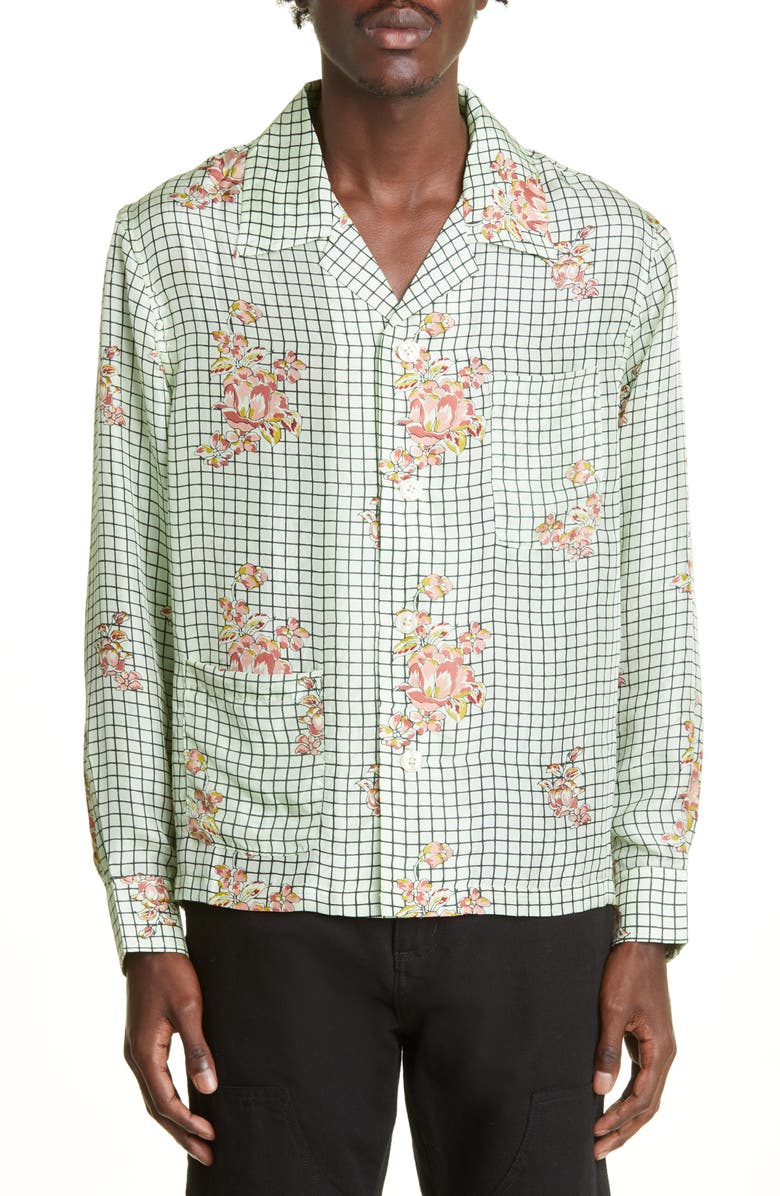 Bode Mint Grid Floral Silk Button-Up Camp Shirt, Main, color,