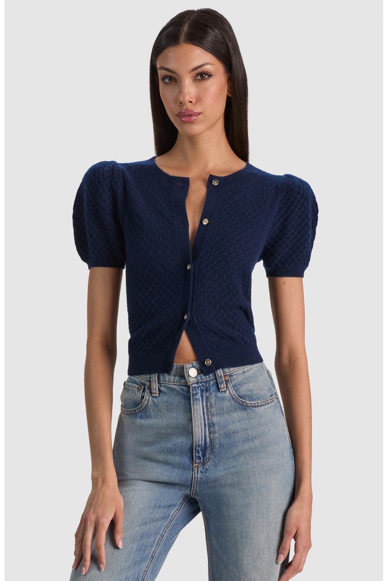 Sabine Pointelle Puff Sleeve Cardigan, Alternate, color, MIDNIGHT BLUE